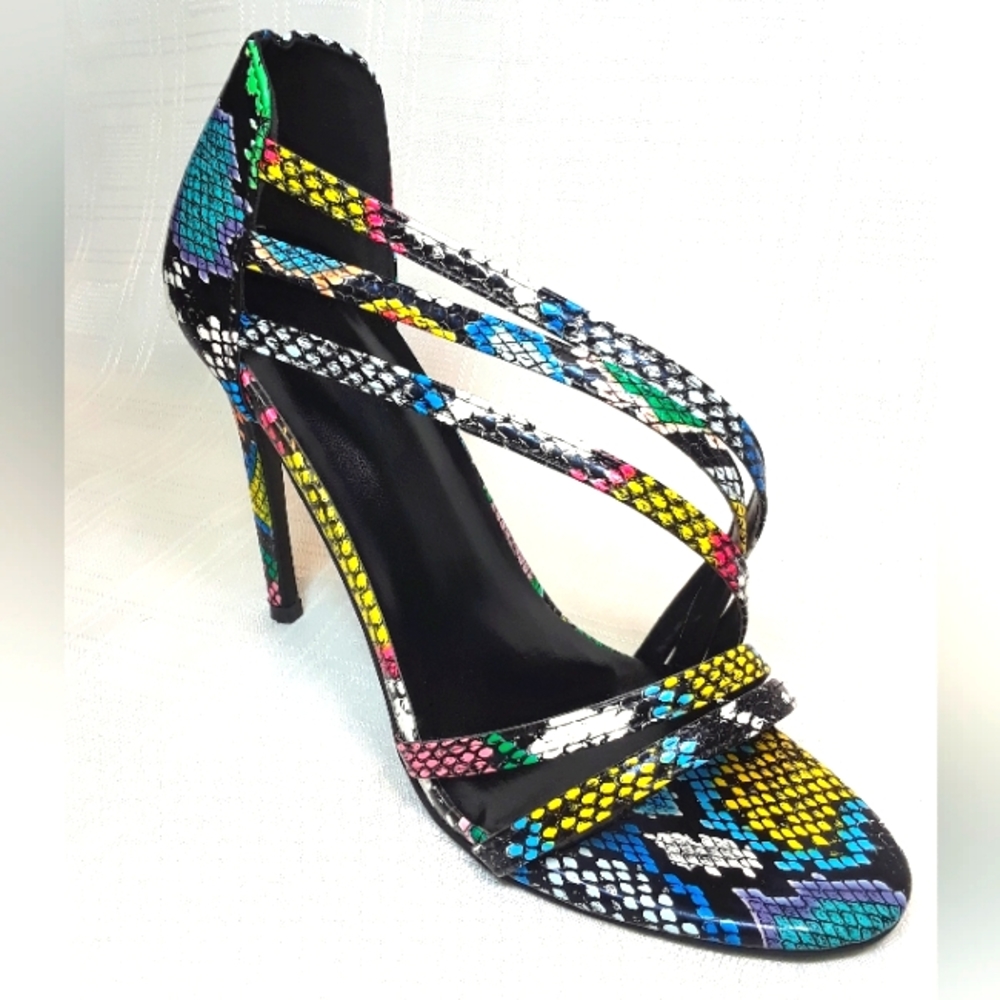 Heels Open Toe Women Shoes Rainbow Faux Snakeskin Strap Fashion Shoes Size 38 - Picture 2 of 10